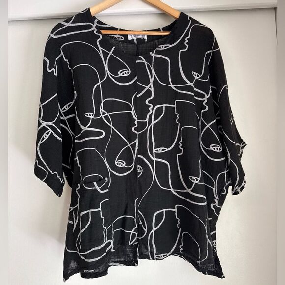 T By Transparente Italy Abstract Art Face Tunic Top Cotton Linen Lagenlook Black - Picture 1 of 5